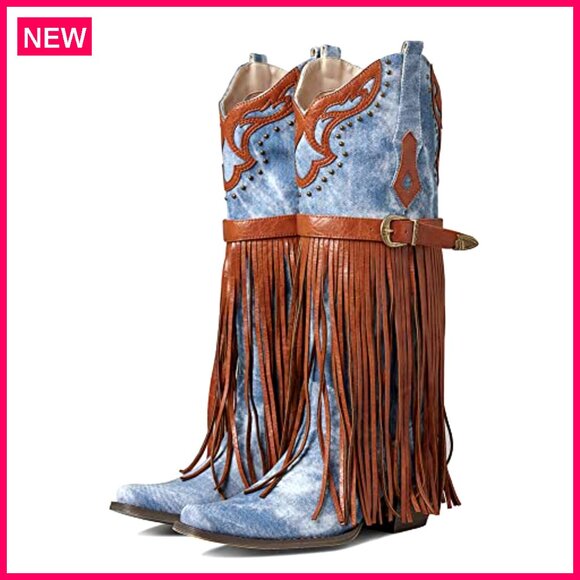 Western Booties Pointed Toe Chunky Heel Embroidered Fringe Pull-On Mid Calf - Picture 8 of 8